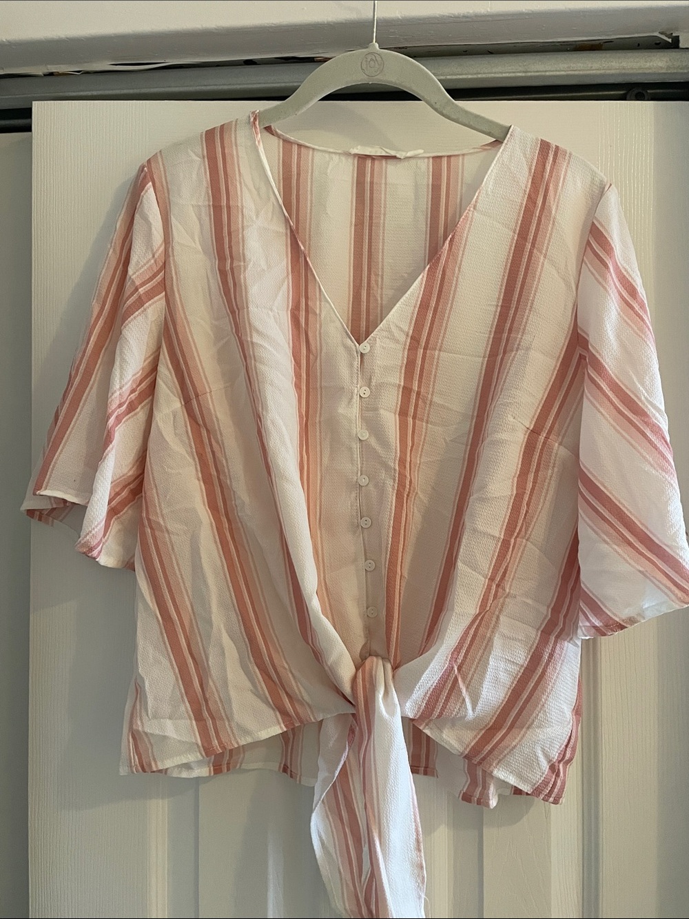 Lush Pink and White Striped Tie-Front V-Neck Blouse